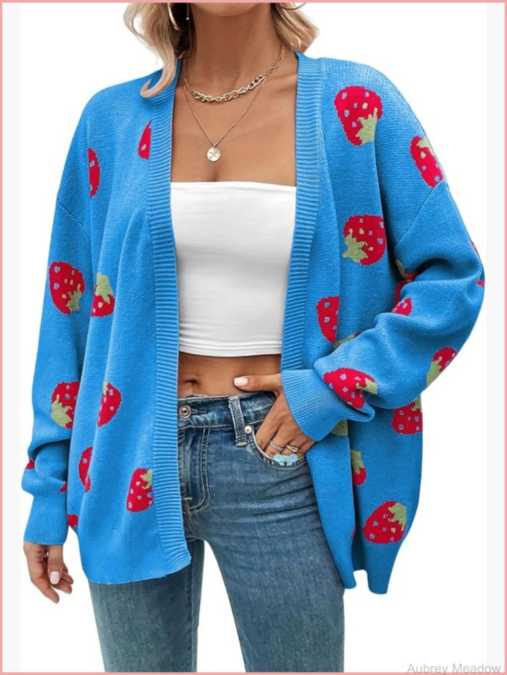 Cartoon Strawberry Print Loose Fit Chunky Cable Knit Cardigan
